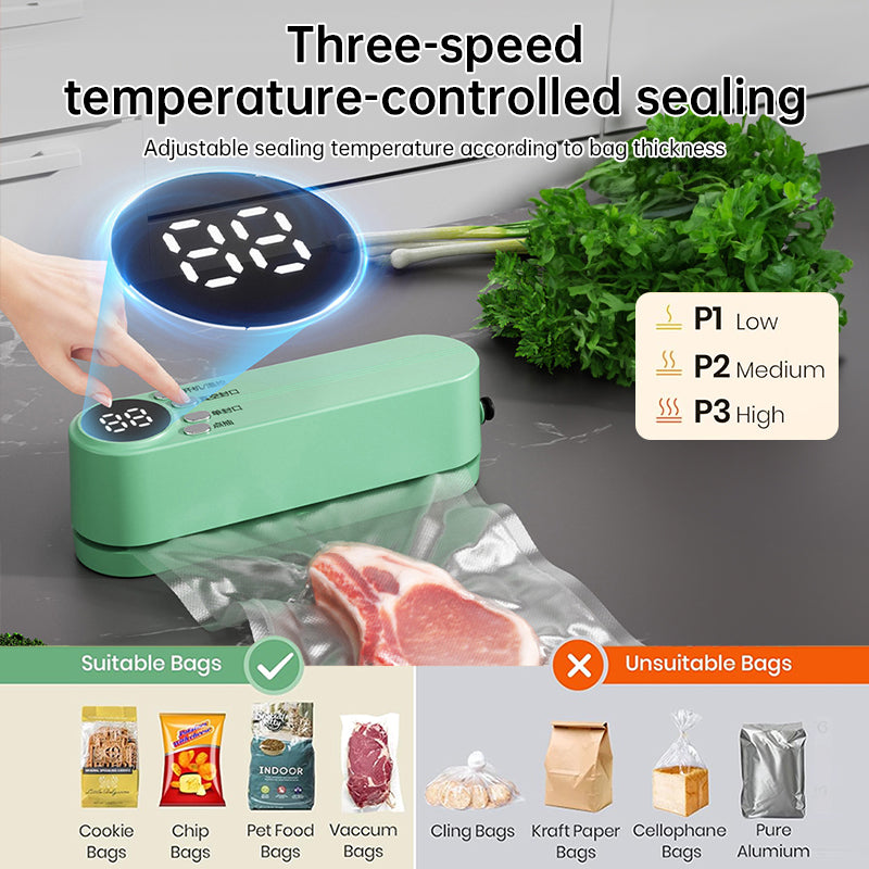 Beige cordless 3 - in - 1 food sealer. For dry/moist food, 4 bags. Seals chip bags, inflates items.