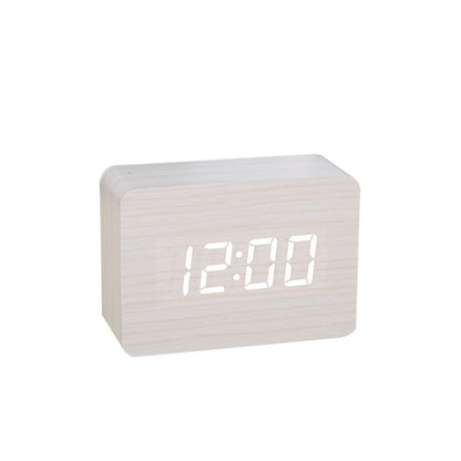 Wooden Electronic Digital Clock - Voice Controlled LED Desk Alarm with Date/Temperature Display, Battery/USB Powered