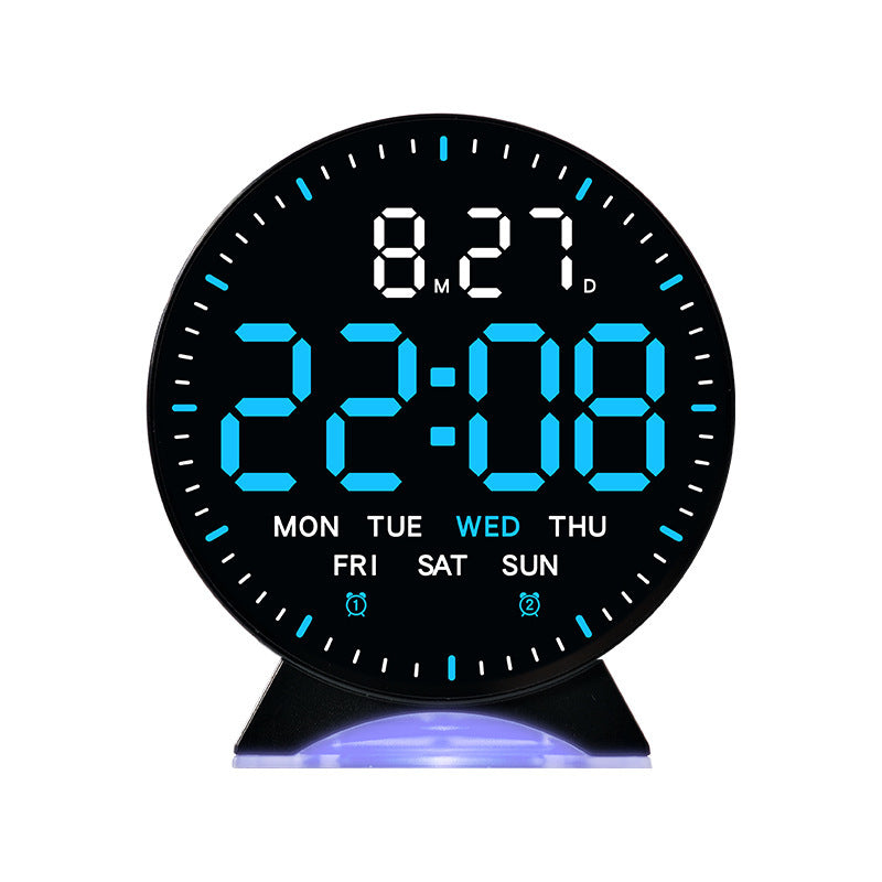 LED alarm clock with custom jump-second display, ambient light, auto-dimming USB desk clock.