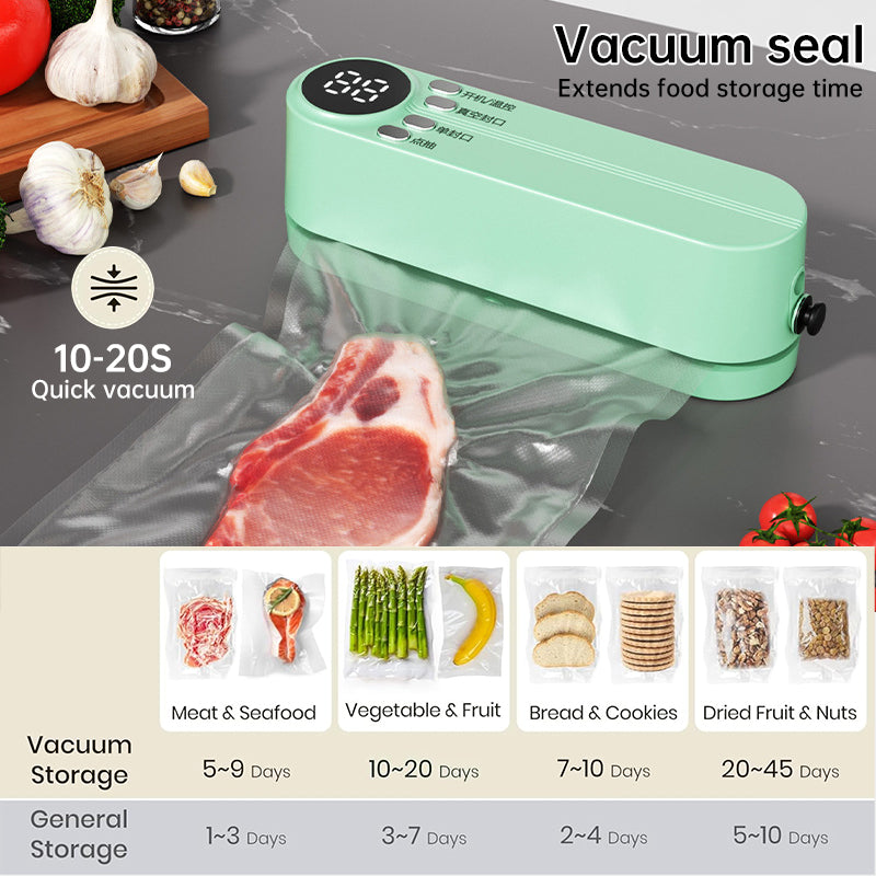 Beige cordless 3 - in - 1 food sealer. For dry/moist food, 4 bags. Seals chip bags, inflates items.