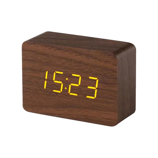 Wooden Electronic Digital Clock - Voice Controlled LED Desk Alarm with Date/Temperature Display, Battery/USB Powered