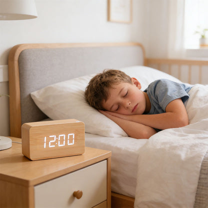 Wooden Electronic Digital Clock - Voice Controlled LED Desk Alarm with Date/Temperature Display, Battery/USB Powered