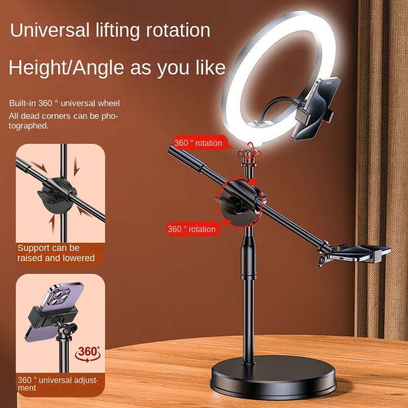 Mobile Phone Overhead Shooting Stand for Food Photography, Drawing, and Live Streaming - Adjustable Dual-Camera Position Desktop Phone Holder with Fill Light
