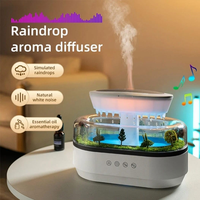 Raindrop - style aroma humidifier with lights, white noise, and essential oil diffusion for home.