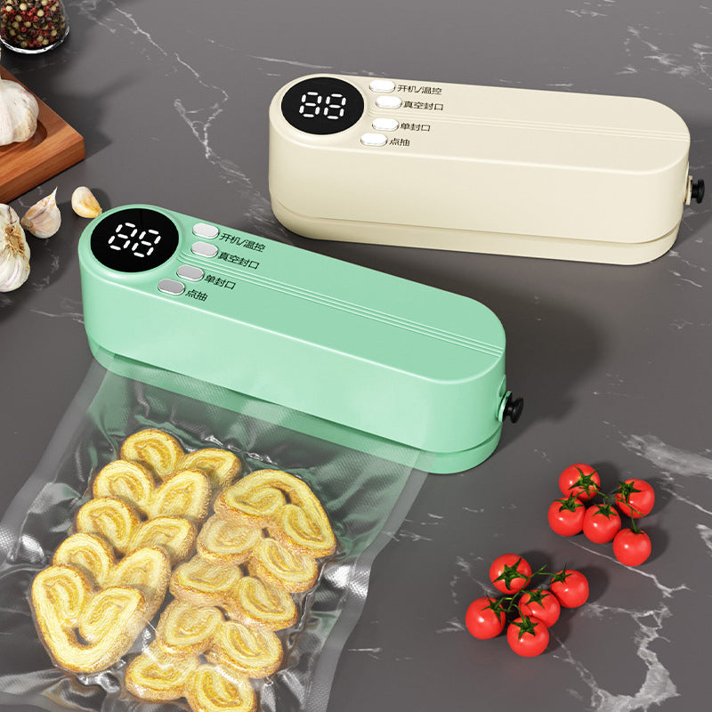 Beige cordless 3 - in - 1 food sealer. For dry/moist food, 4 bags. Seals chip bags, inflates items.