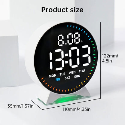 LED alarm clock with custom jump-second display, ambient light, auto-dimming USB desk clock.
