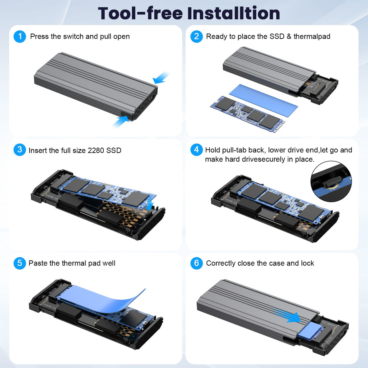 Tool free solid-state USB 3.1 hard drive enclosure 20GB dual protocol NVMe/NGFF portable hard drive enclosure Type-C