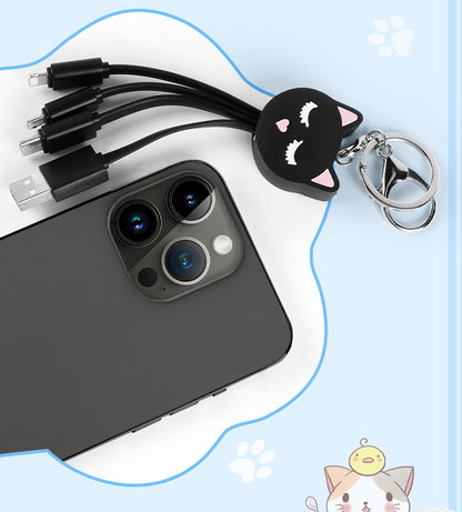 Cartoon Black Cat 3-in-1 Data Cable Cute Key Portable One to Three Charging Cable Suitable for Apple and Huawei
