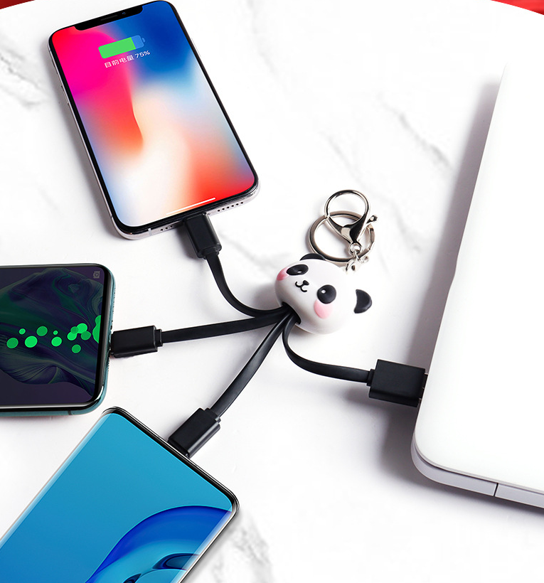 Cartoon Panda One Drag Three Data Wires Cute Keychain Panda Three in One Fast Charging Mobile Phone Charging Cable