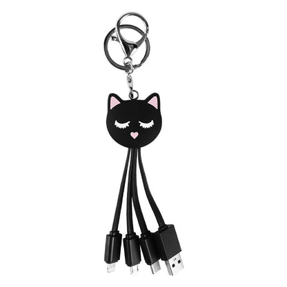 Cartoon Black Cat 3-in-1 Data Cable Cute Key Portable One to Three Charging Cable Suitable for Apple and Huawei