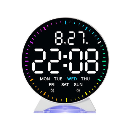 LED alarm clock with custom jump-second display, ambient light, auto-dimming USB desk clock.